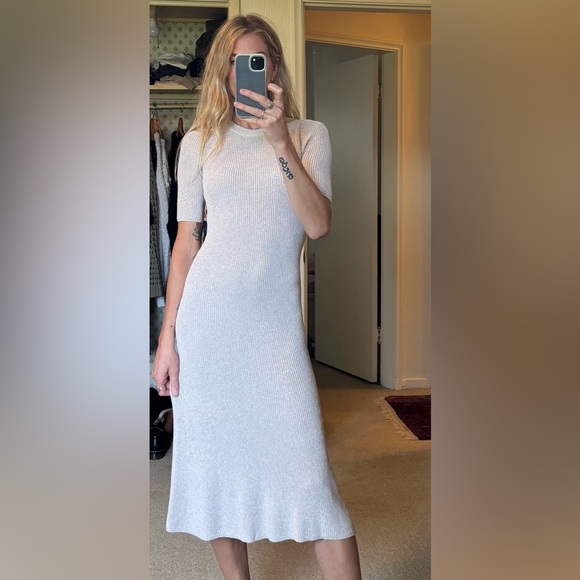 Wilfred Aritzia Knit Woven Crochet Silhouette Cream Beige Midi Fishtail Dress - Picture 4 of 11